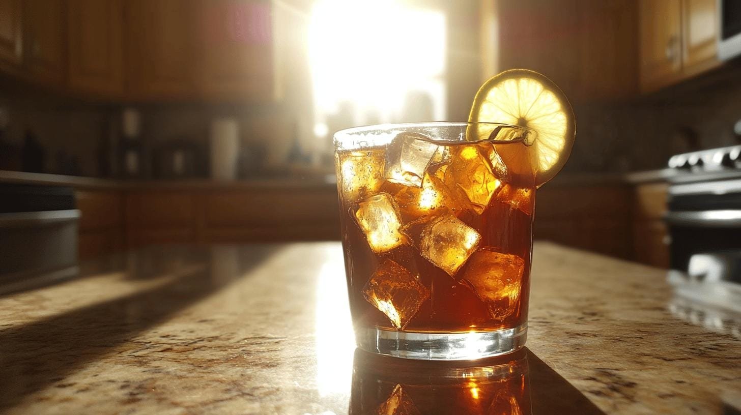 A glass of tea with ice cubes and a slice of cucumber - Amount of Caffeine in Sweet Tea 1.jpg