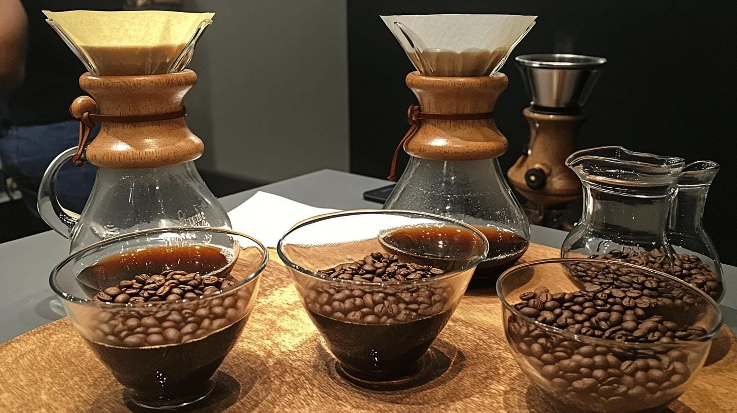 2 pour over coffee makers and 3 glass bowls of coffee beans - Amount of Caffeine in Coffee.jpg