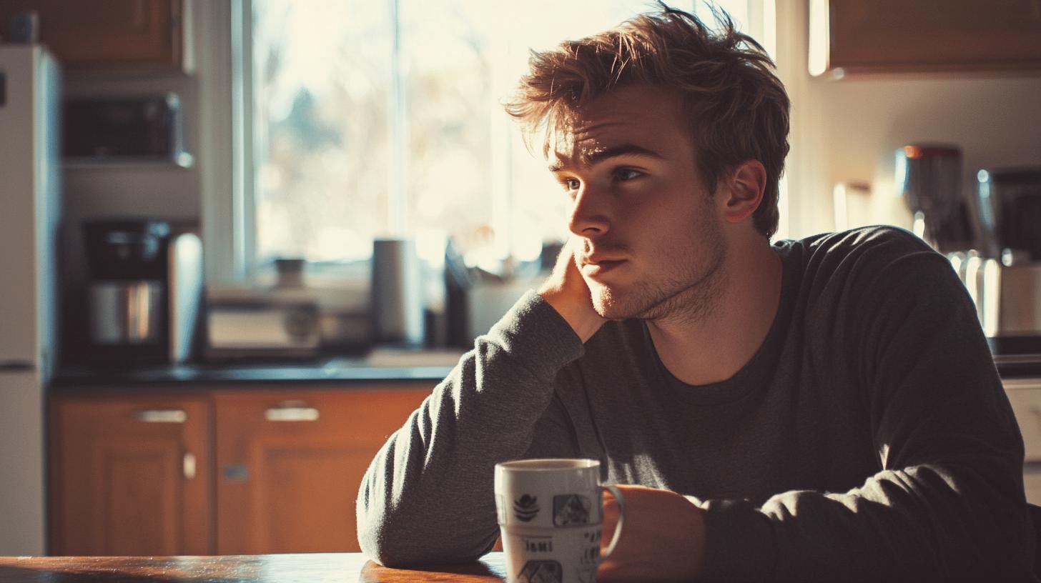 A boy sitting on a chair with his hand on his chin and a cup on his table - Normal Caffeine Intake.jpg