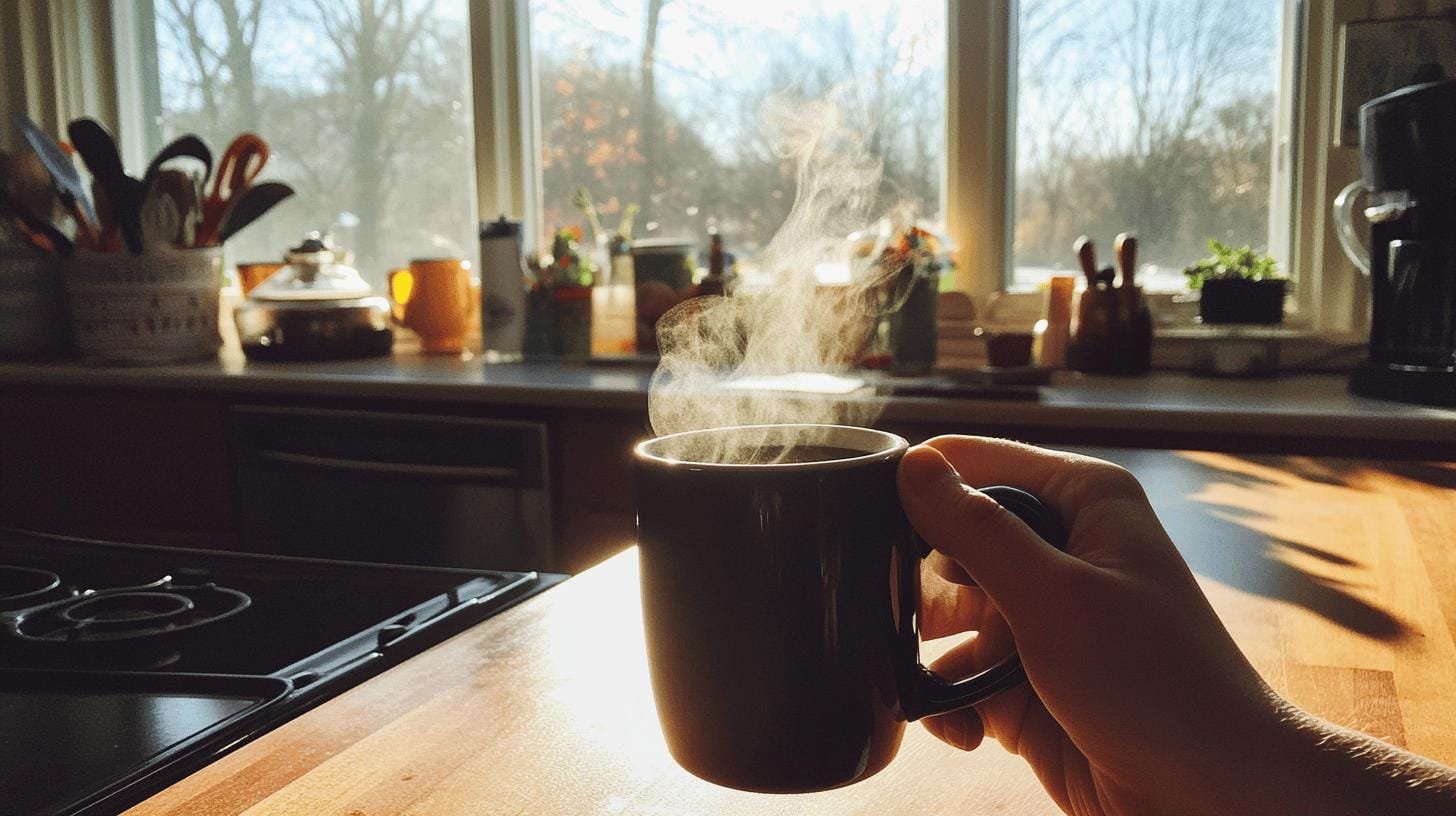 Hand holding a cup of coffee in a well lit kitchen - 
Coffee Before Cholesterol Blood Work.jpg