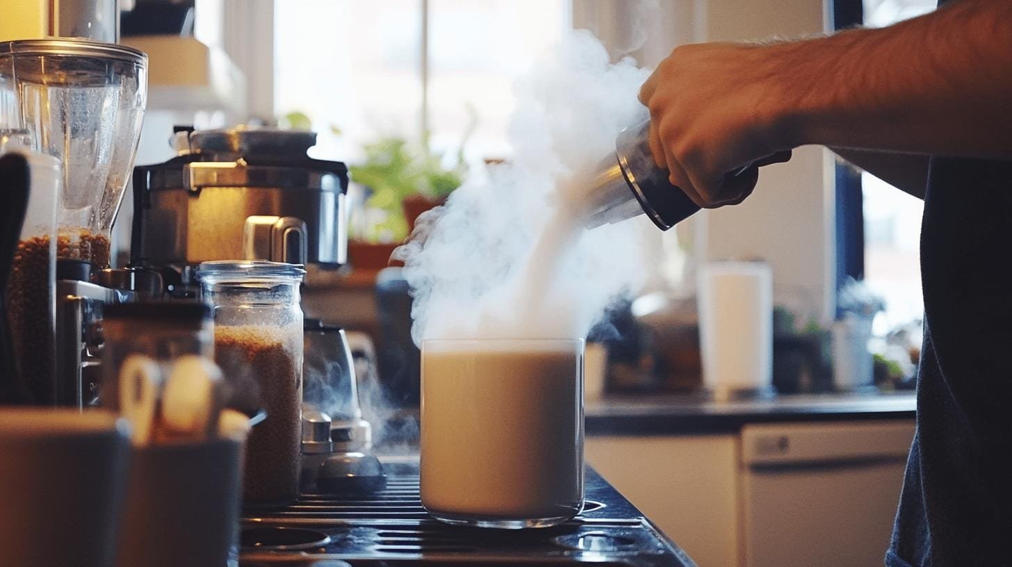 Frothing milk with a handheld milk fritter at home - Latte Art with Almond Milk.jpg