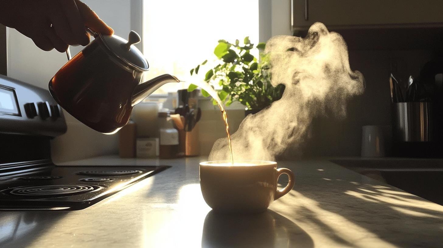 Pouring steaming hot coffee from a kettle into a cup - Amount of Caffeine in Decaffeinated Tea.jpg