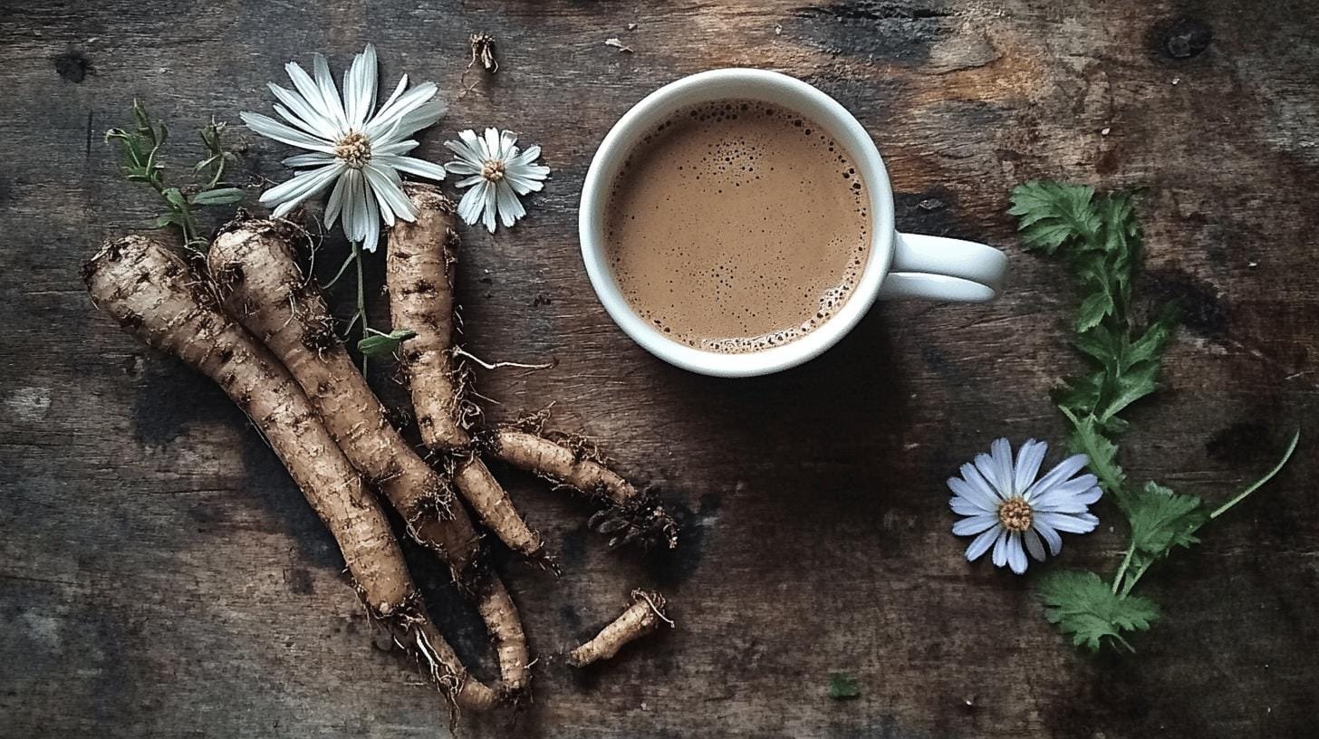 A cup of coffee in the middle of chicory roots and white flowers - Chicory Coffee and Cholesterol.jpg