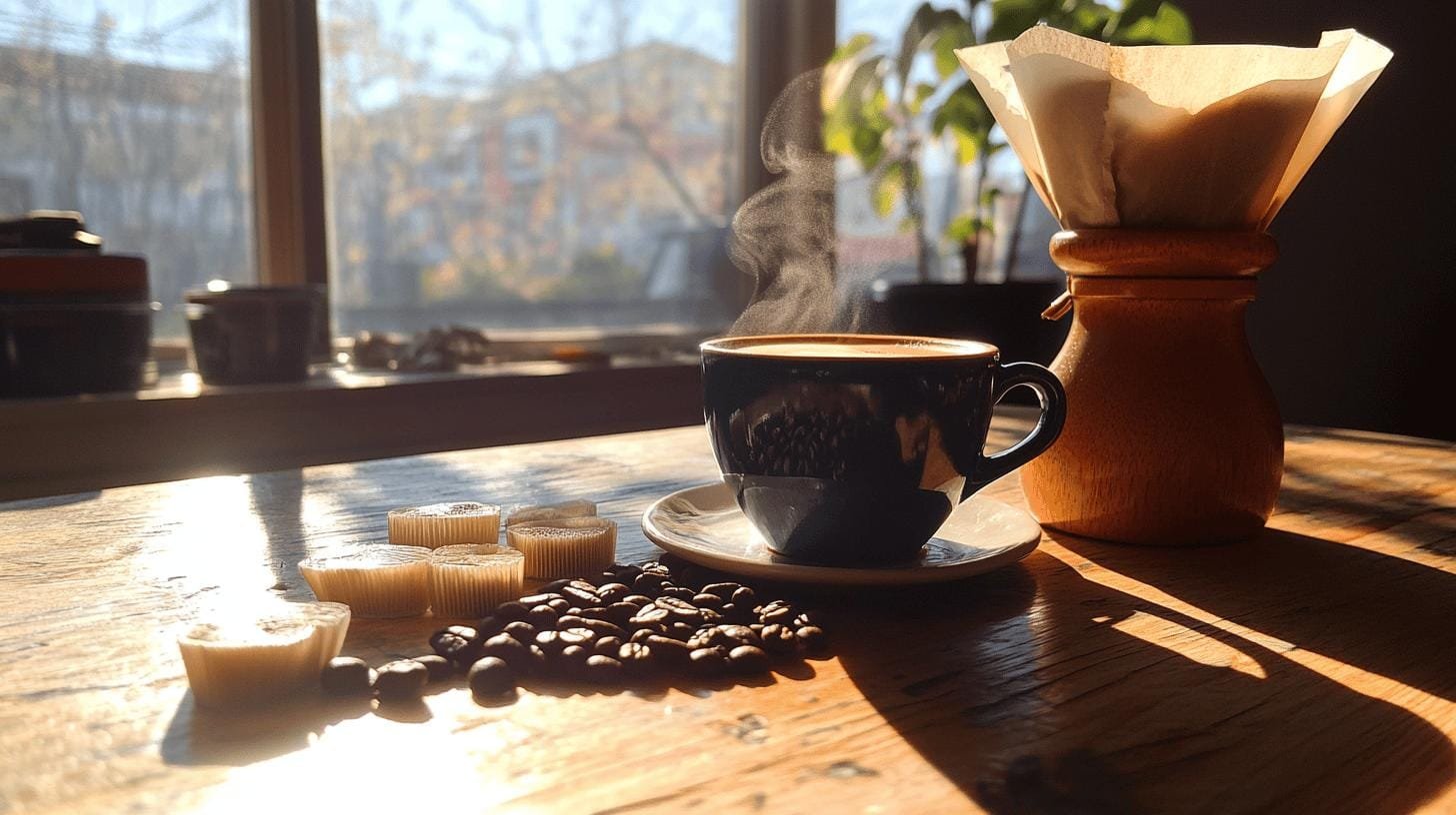 A cup on a saucer, drip coffee brewing equipment and coffee beans on a table - Roasted Coffee and Cholesterol.jpg