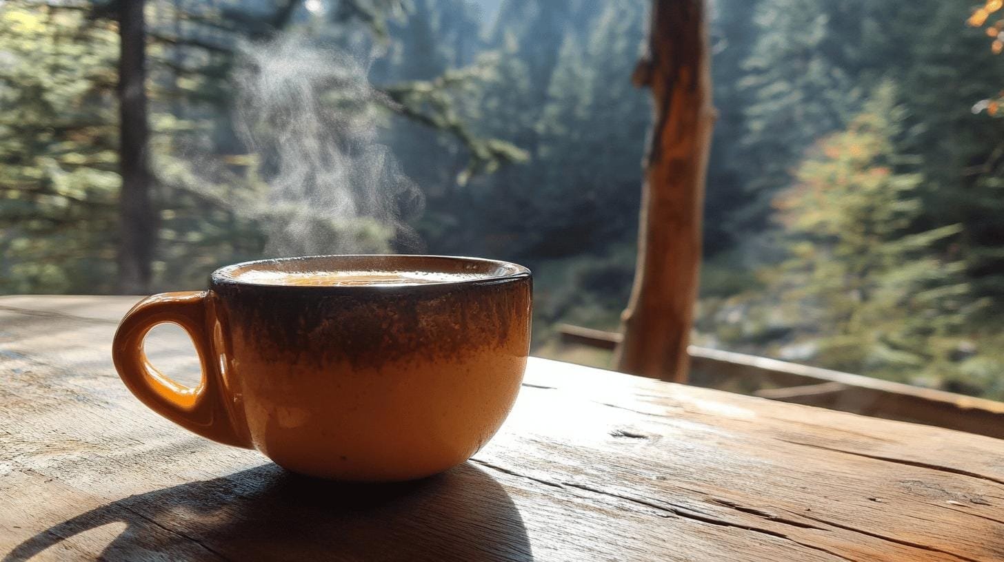 A cup of coffee on a table outside -  Mushroom Coffee and Cholesterol.jpg