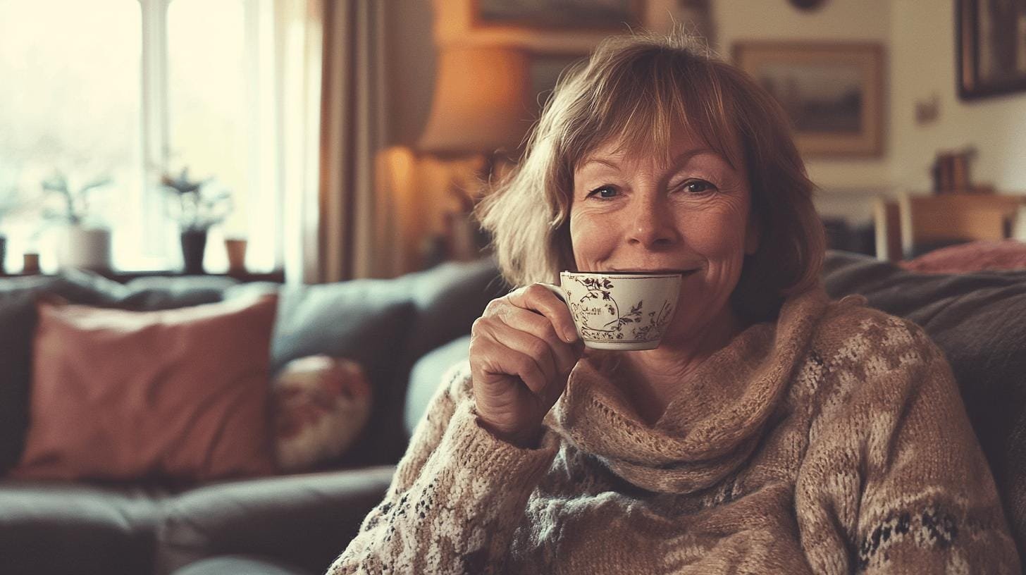 An aged woman holding a cup of coffee and smiling- Amount of Caffeine in Decaf Espresso jpg