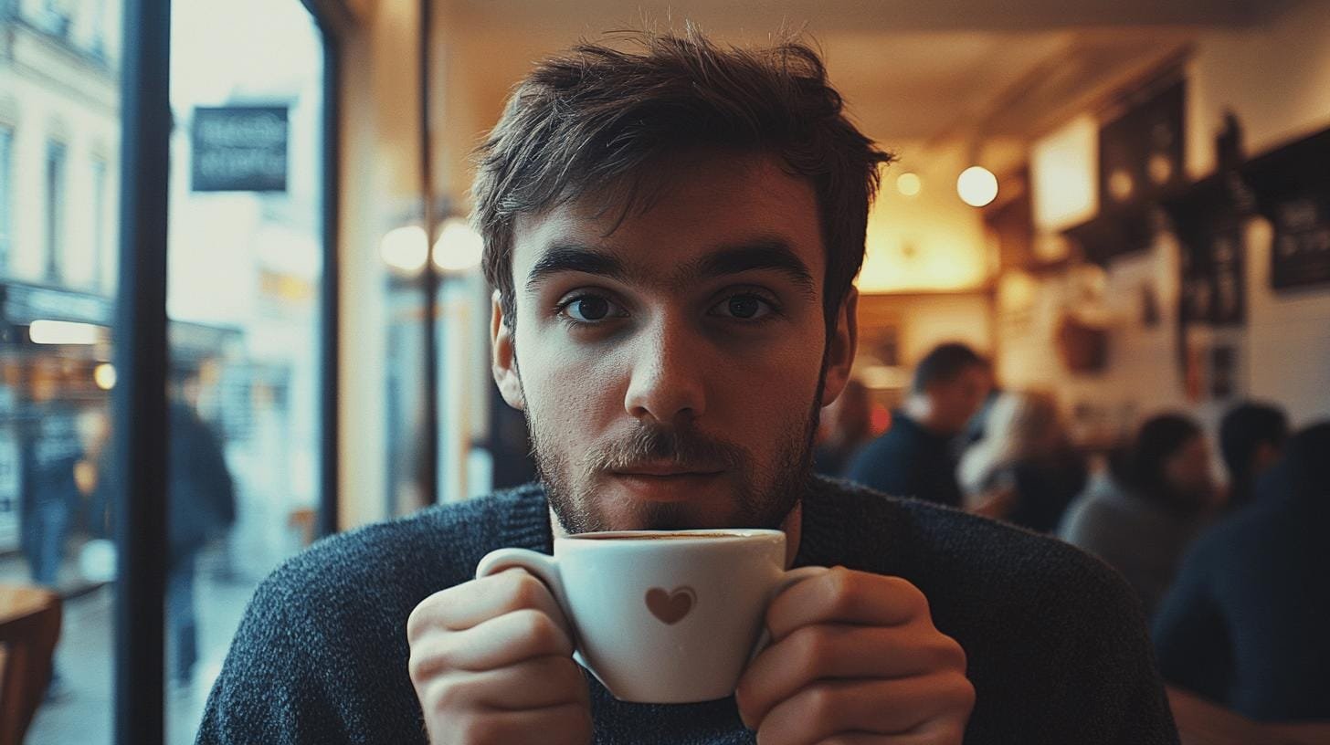 Man holding a cup of coffee close to his mouth in a pub - Can You Have Caffeine Everyday?.jpg