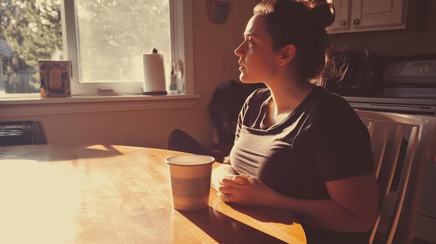 A woman sitting in a room with a coffee cup on her table - Daily Caffeine Intake During Pregnancy 1.jpg