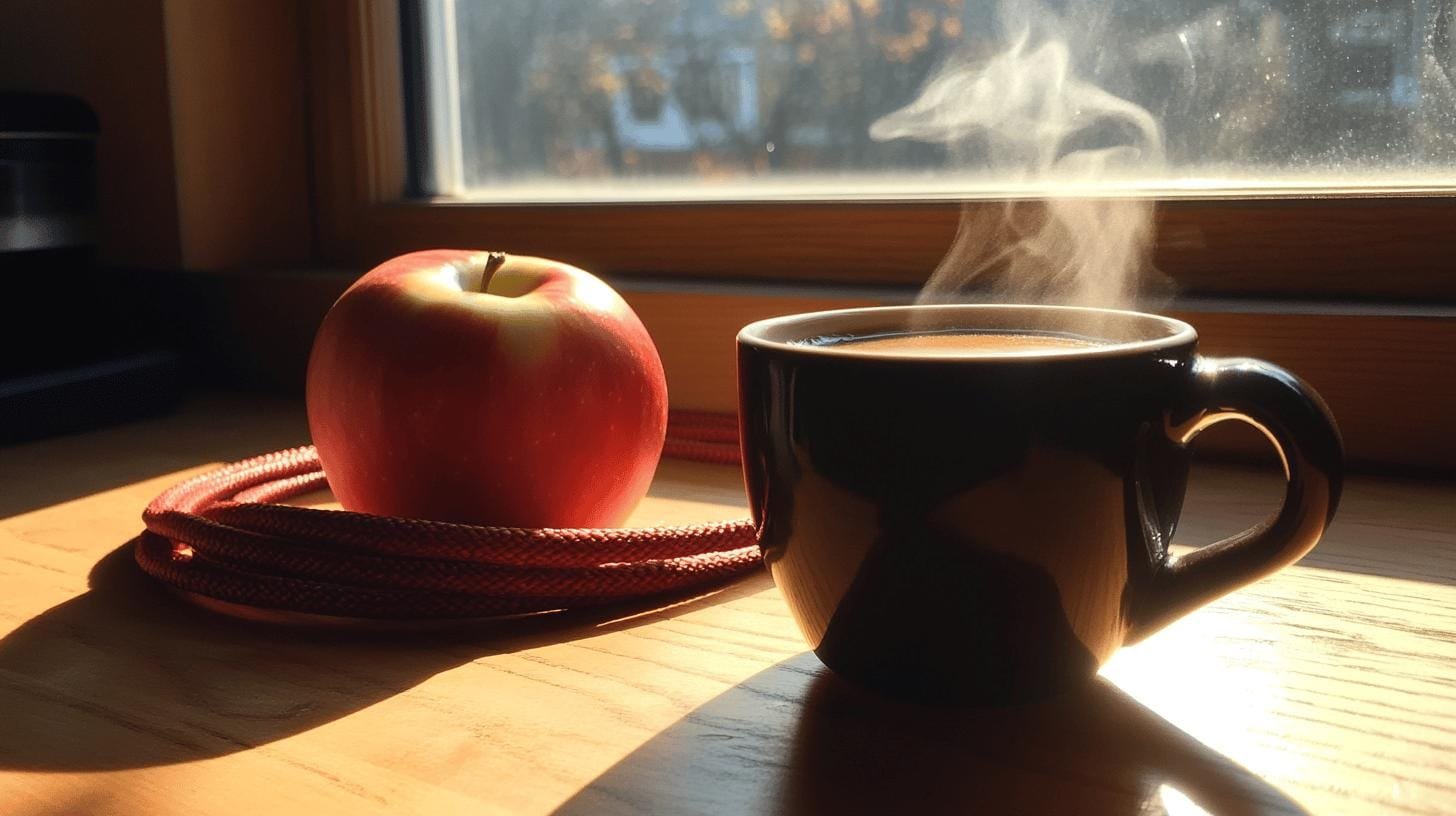 A chi of coffee and a red apple on a table - Brewed Coffee and Cholesterol.jpg