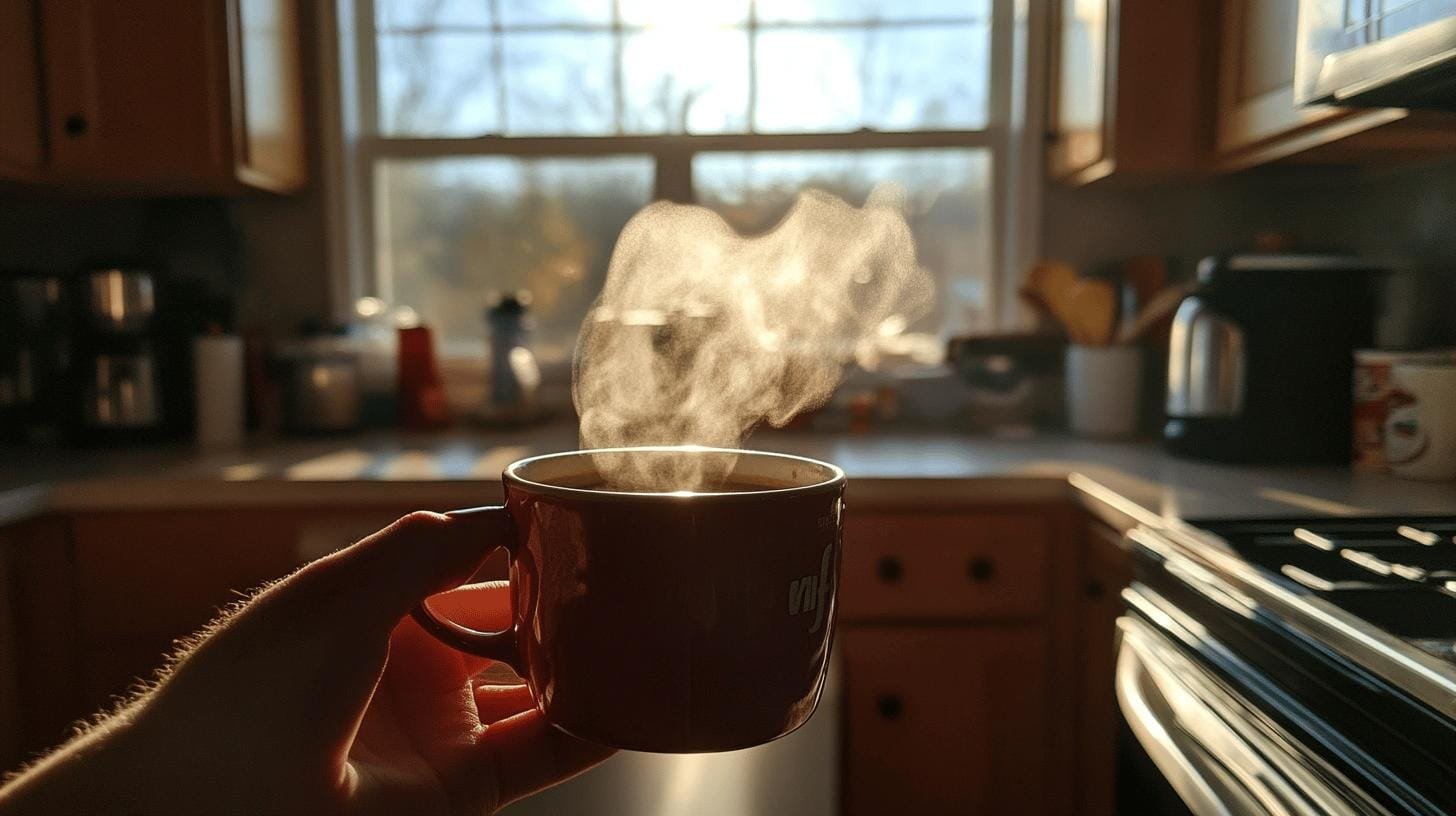 A steaming hot cup of coffee in a well lit kitchen - Amount of Caffeine in Instant Coffee.jpg