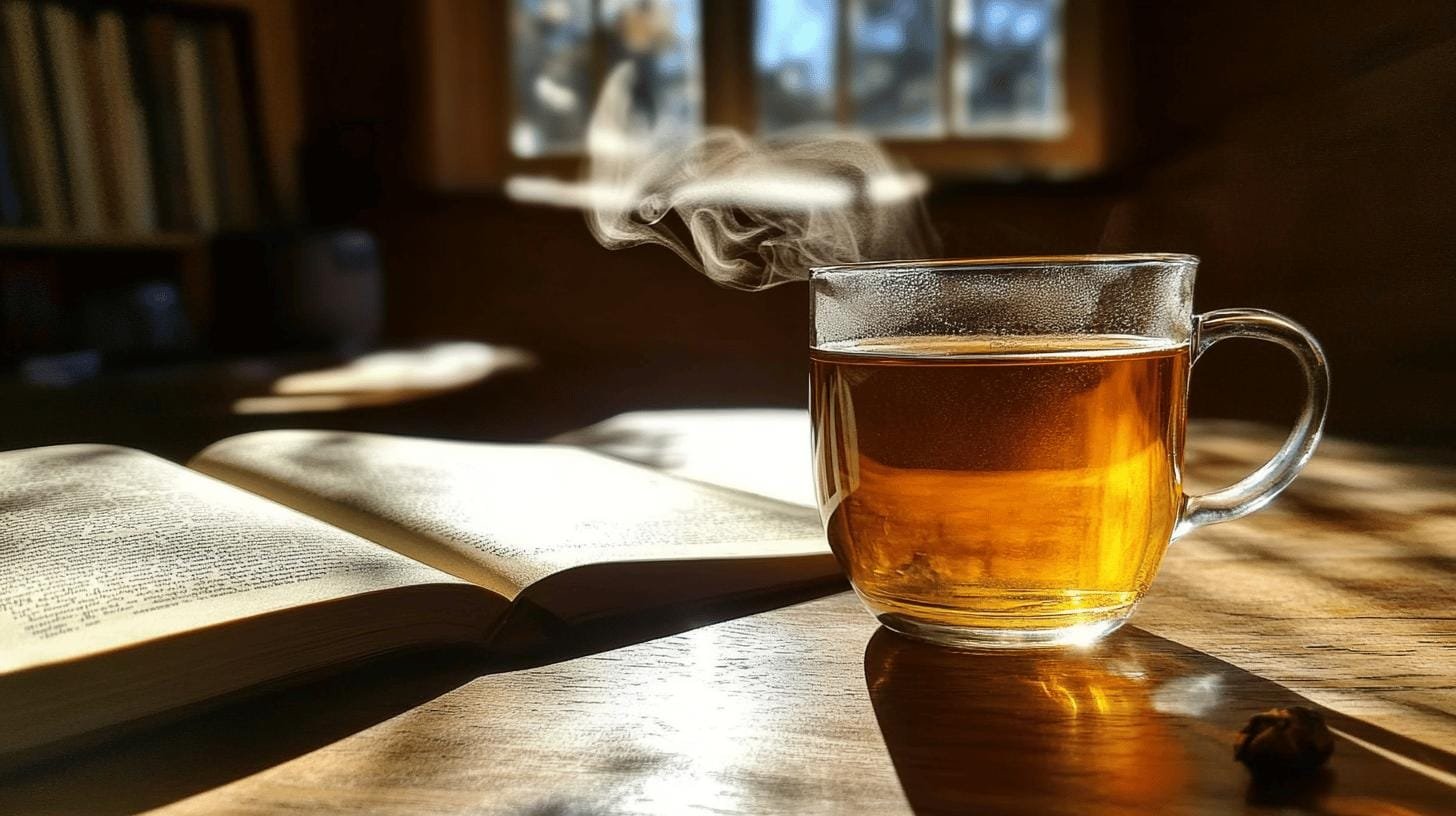 A cup of tea and an open book on a table - Amount of Caffeine in Earl Grey.jpg