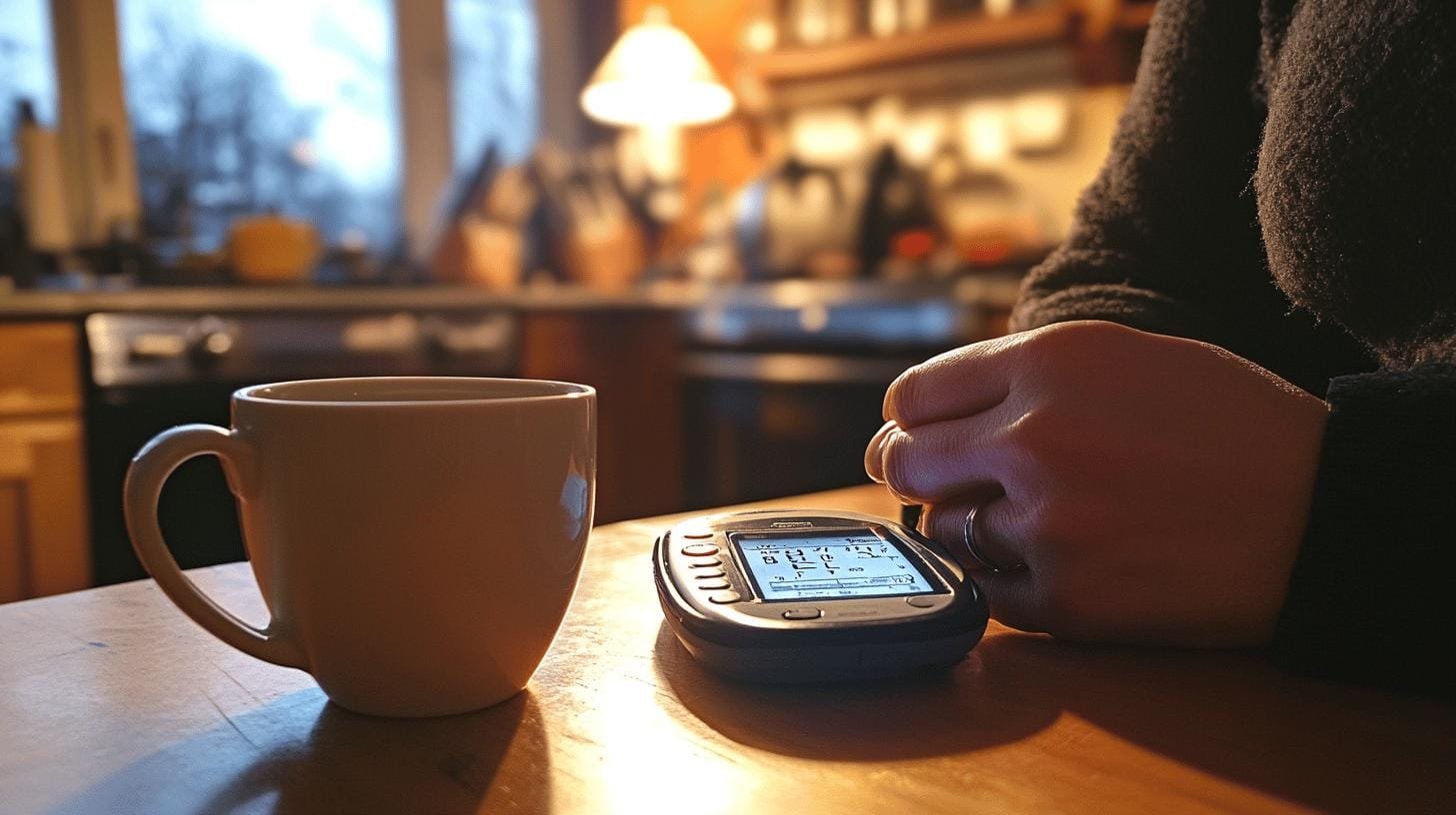 A cup and a glucose monitor on a table - Coffee and Type 1 Diabetes.jpg