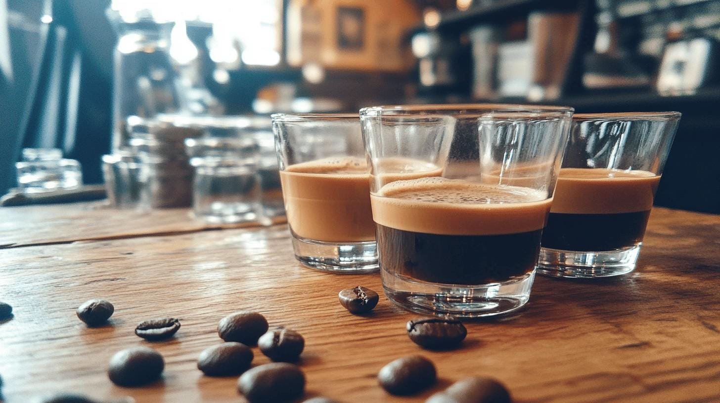 3 glasses of espresso and grains of coffee beans on a table - Amount of Caffeine in Espresso.jpg