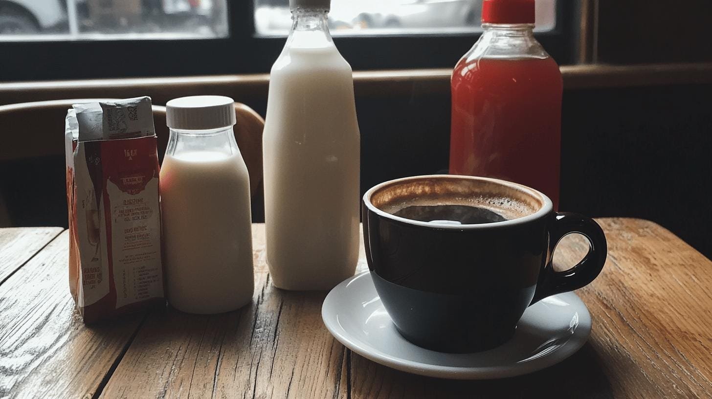 A cup of coffee in a saucer, 2 jars of milk and a bottle of coffee sweetener - Can Coffee Cause Inflammation? .jpg