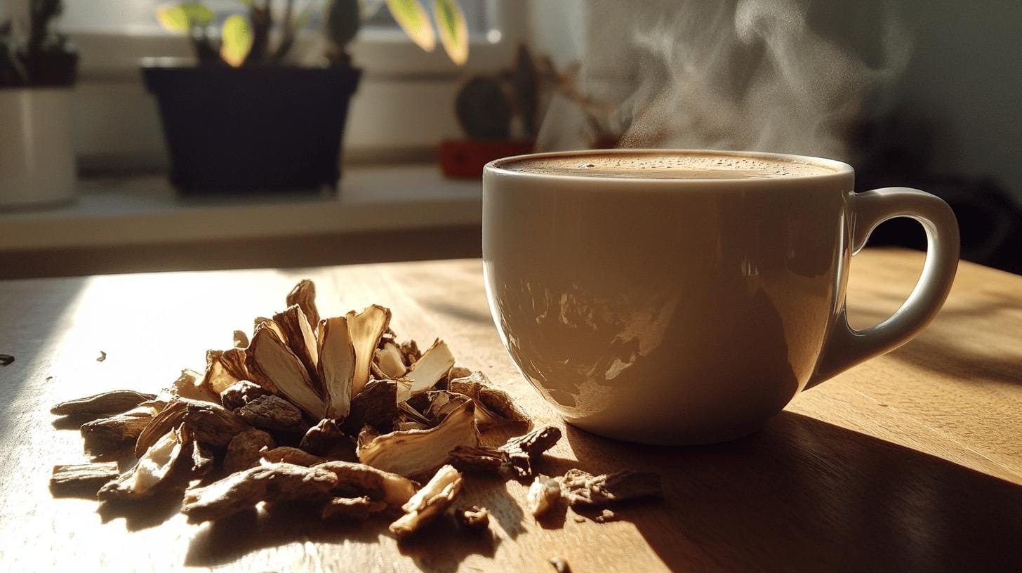 A cup of coffee and sliced roots on a table - Chicory Coffee and Cholesterol.jpg