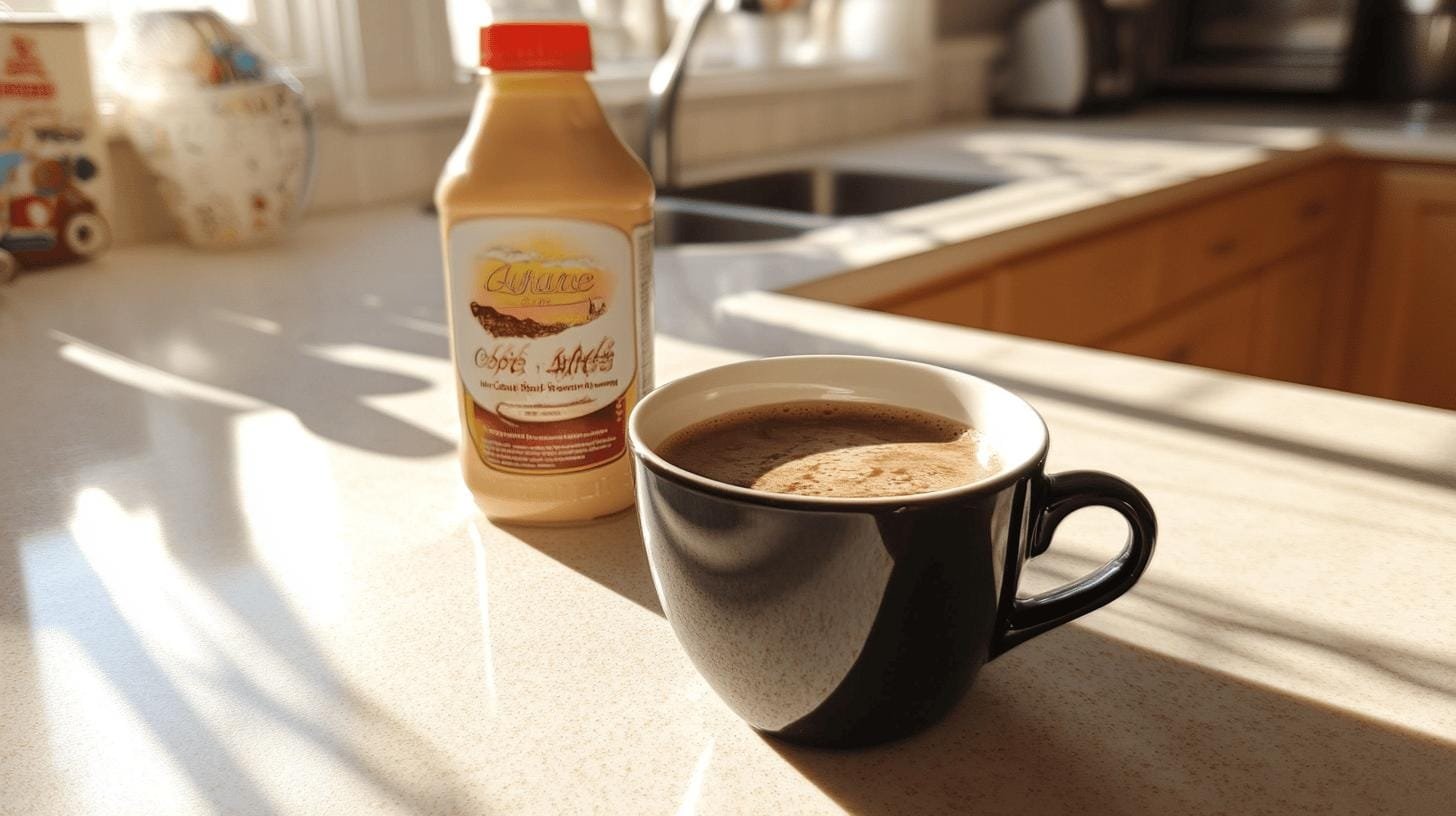 A cup of coffee and a bottle of coffee creamer on a table - Coffee Creamer and Diabetes.jpg