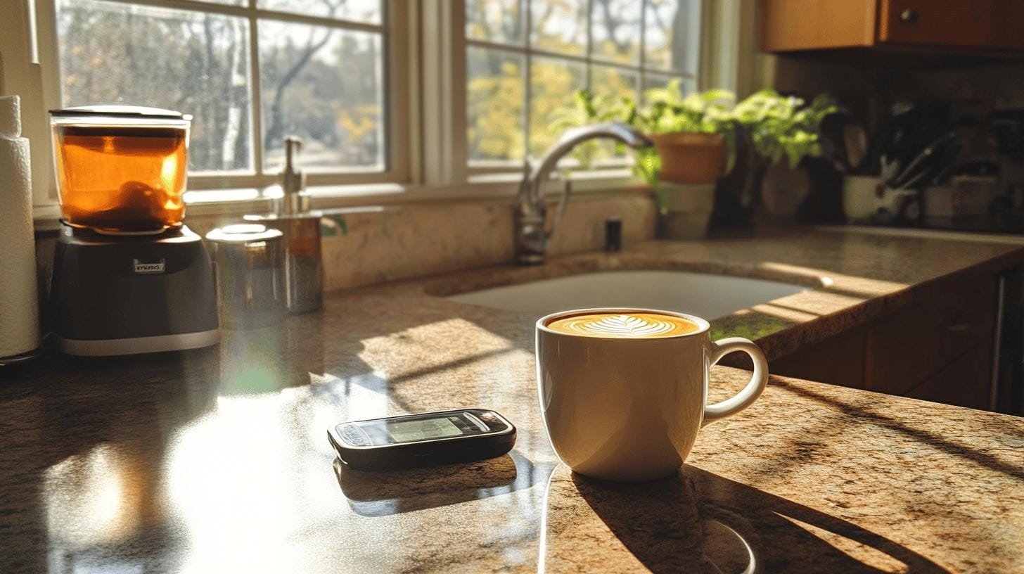 A cup of cappuccino and a continuous glucose monitor on a kitchen counter - Coffee and Type 1 Diabetes.jpg