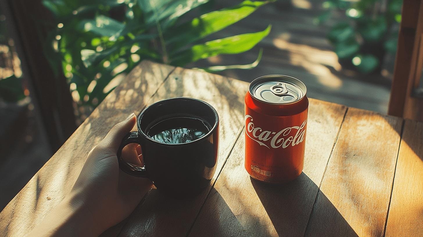 A can of coca cola and a cup of coffee - Amount of Caffeine in Coffee vs Coke.jpg