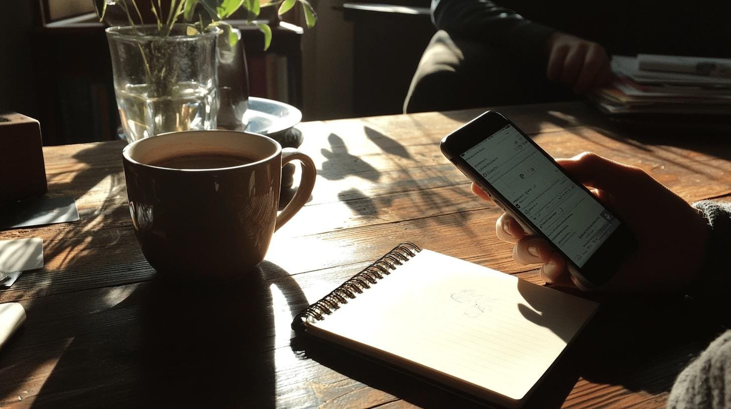 Hand holding a phone screen, a cup of coffee and a book on a table- ADHD and Caffeine Metabolism.jpg