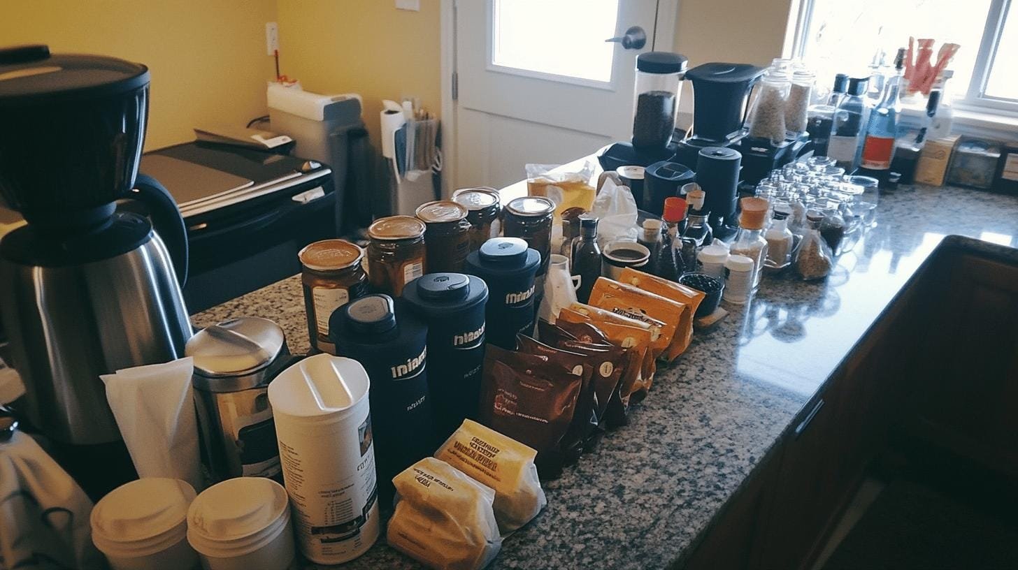 A kitchen counter filled with coffee brewing equipments and ingredients - Can You Have Caffeine Everyday?.jpg