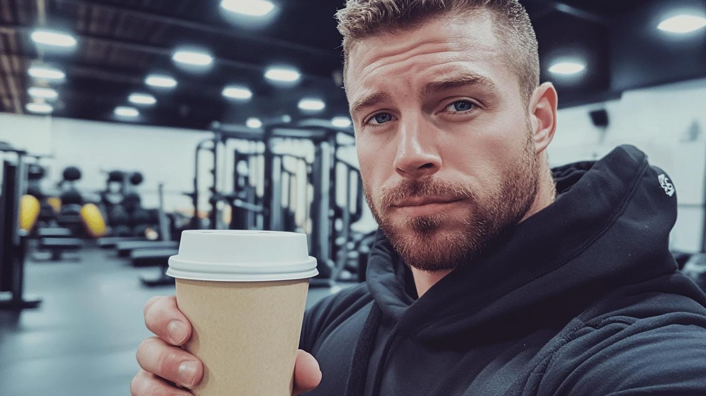 Man holding a paper cup of coffee in the gym - How Much Caffeine Per Day Boosts Bodybuilding.jpg