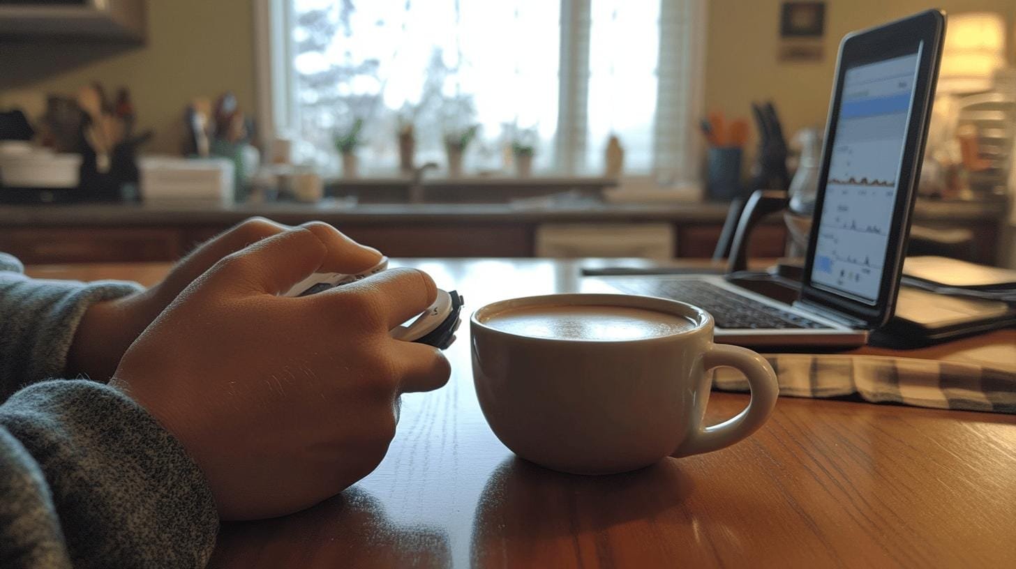 Man holding a glucose monitor while sitting in front of a laptop and a cup of coffee on a desk - Coffee and Type 1 Diabetes.jpg