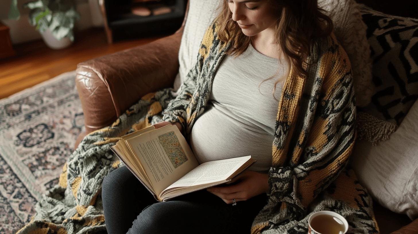 A pregnant woman sitting on a couch and reading a book - 1 Daily Caffeine Intake During Pregnancy.jpg