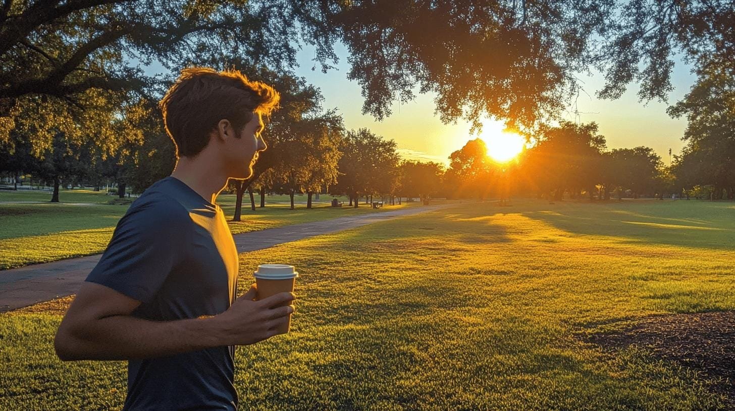 Man holding a paper cup of coffee in a garden watching the sunset - Advantages of Caffeine in Coffee.jpg