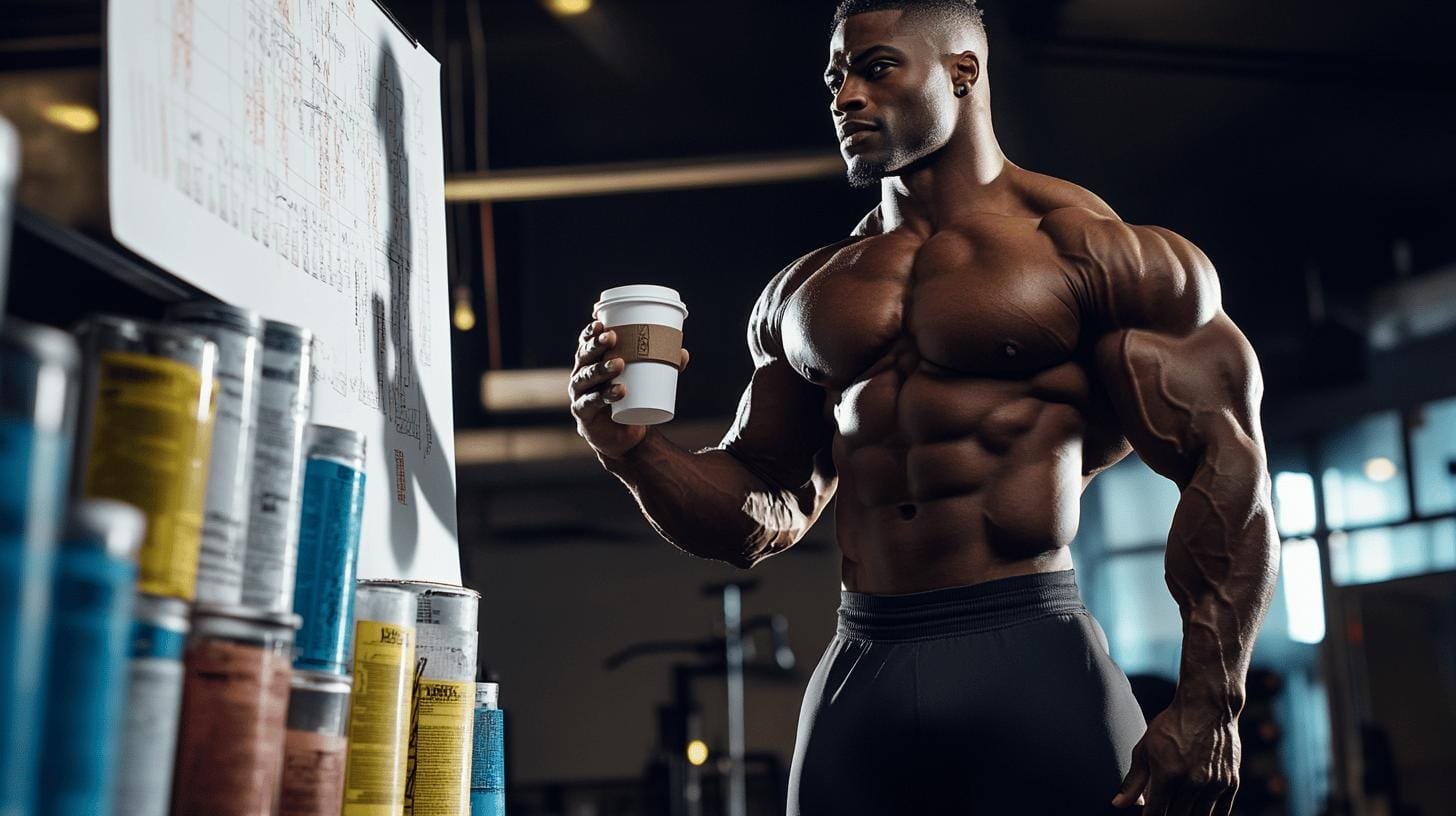 A bodybuilder holding a paper cup of coffee in a gym - How Much Caffeine Per Day Boosts Bodybuilding .jpg