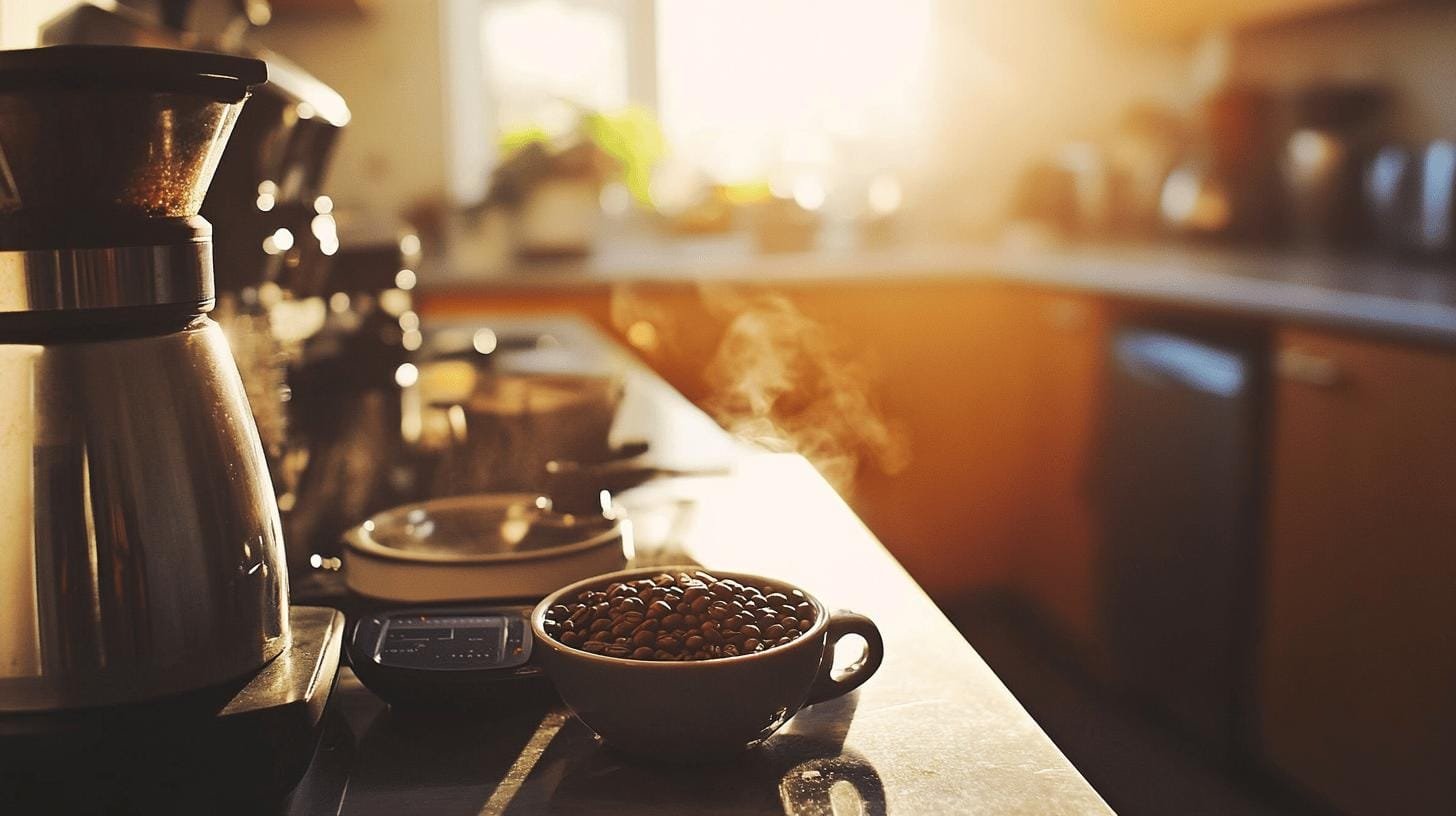 Section of a kitchen counter with coffee brewing equipments and a bowl of coffee beans on top - Does Coffee Improve Cognitive Function.jpg