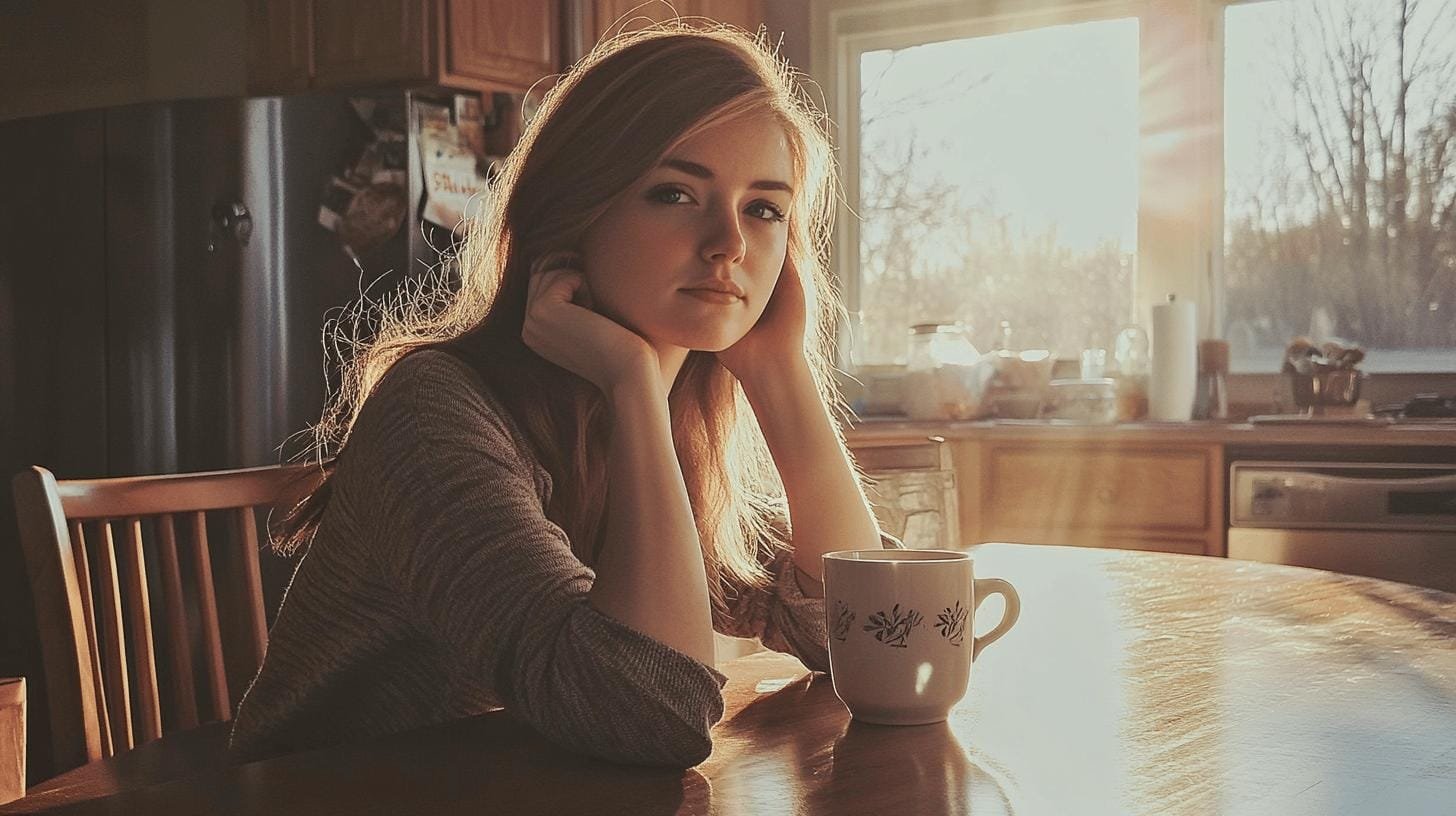 A girl sitting on a chair in the kitchen with a cup of coffee on her table - Acceptable Caffeine Intake-1.jpg