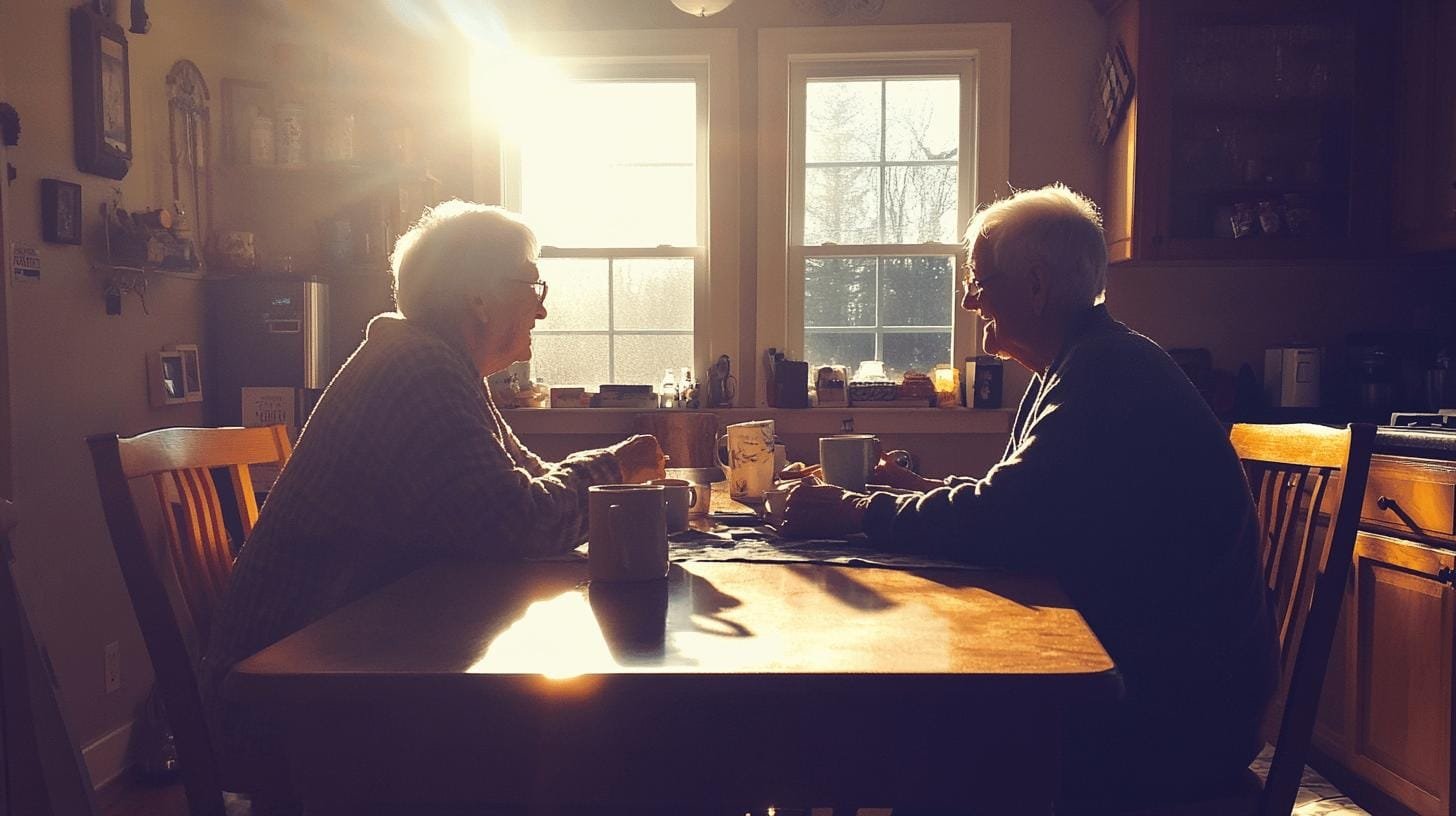 2 aged people sitting across each other with cups of coffee on their table - Caffeine Metabolism and Age 1.jpg