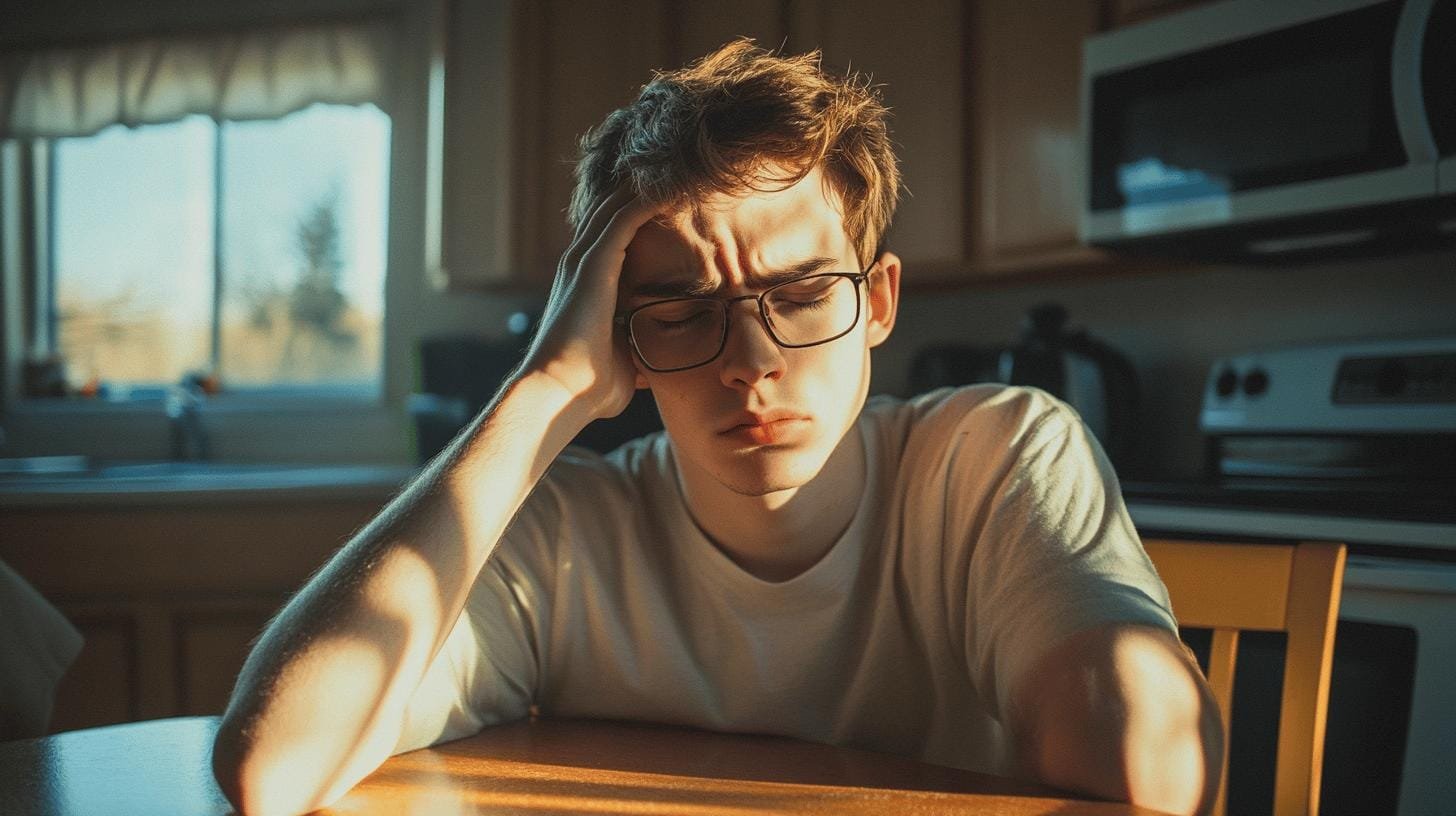 A boy sitting on a chair with his hand on his head - Addiction to Caffeine Symptoms.jpg