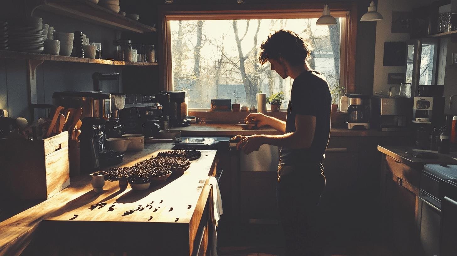 A man standing over a kitchen counter - Coffee and Heart Disease Facts.jpg