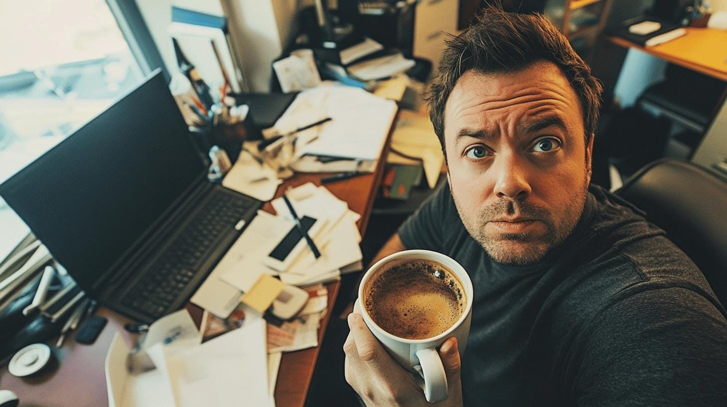 A man holding a cup of coffee in front of his work desk - Addiction to Caffeine Symptoms.jpg