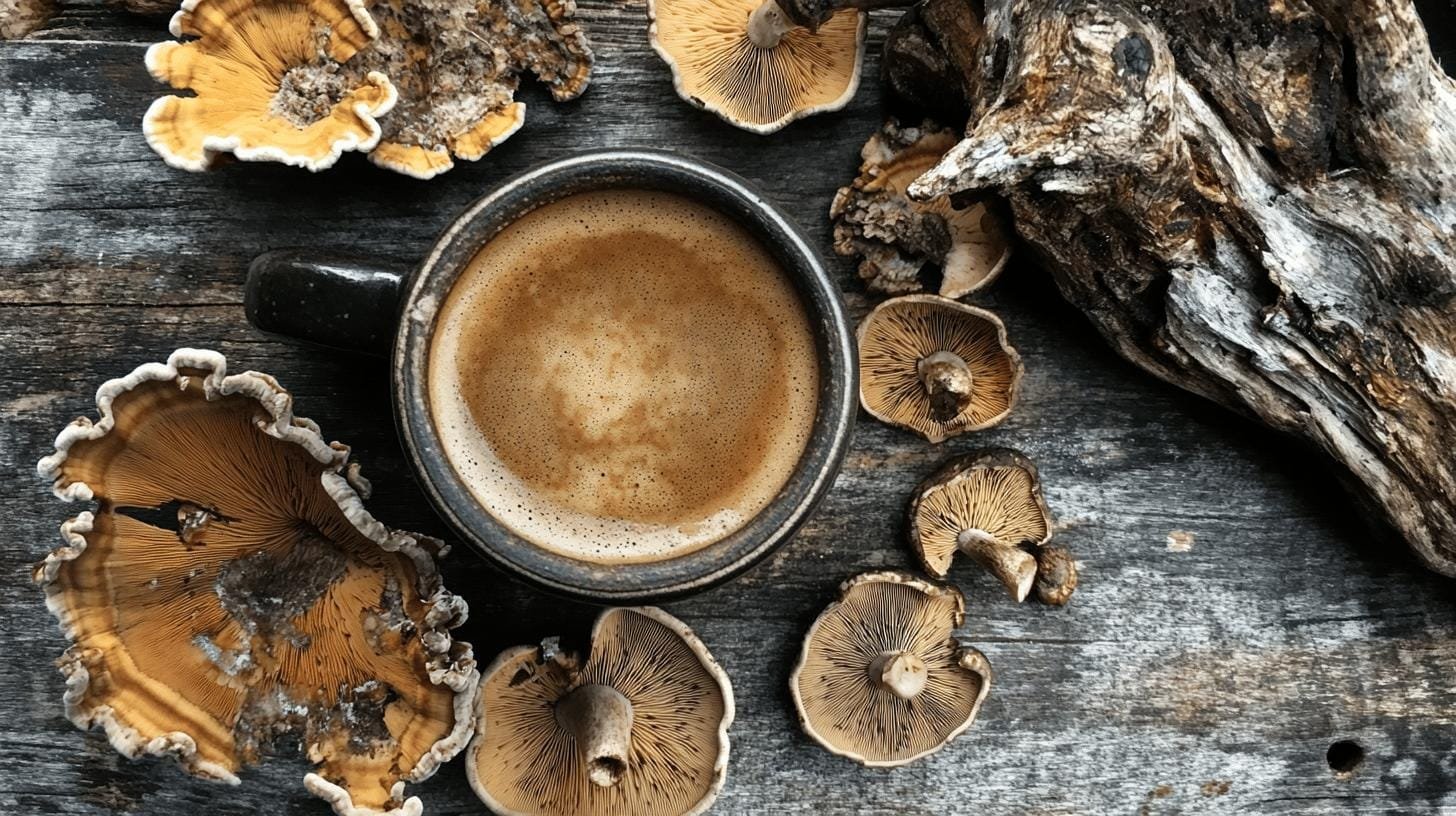 A cup of coffee in the middle of mushrooms - Is Mushroom Coffee Heart Healthy?.jpg