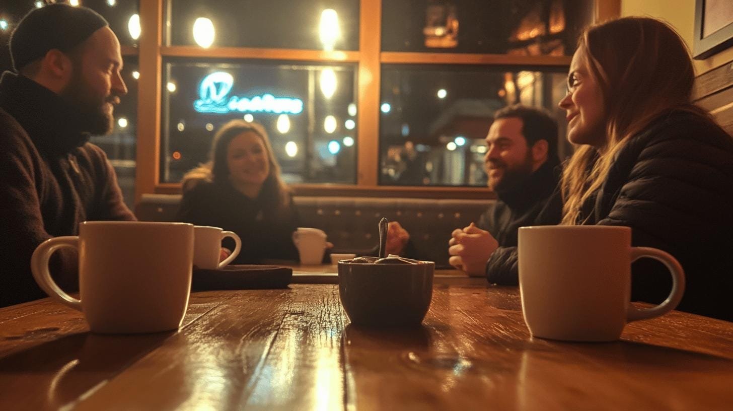 2 men and 2 women sitting across each other in a pub with cups of coffee on their table - Coffee for Liver Inflammation.jpg