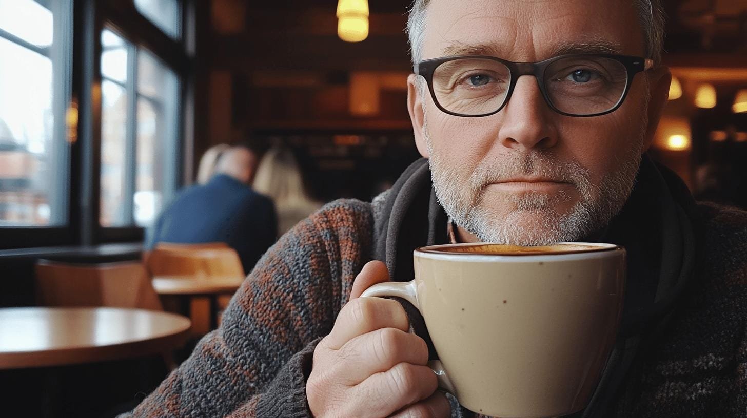 A man on glasses holding a cup of coffee in a pub - Coffee and Prostate Inflammation.jpg