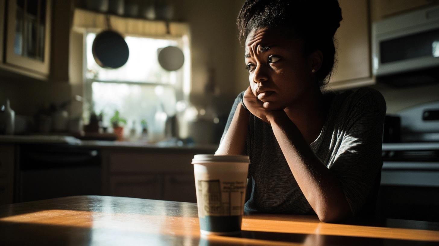 A girl sitting on a chair in the kitchen with her hands on her jaw, in front of a paper cup of coffee on a table - Mushroom Coffee for Inflammation.jpg