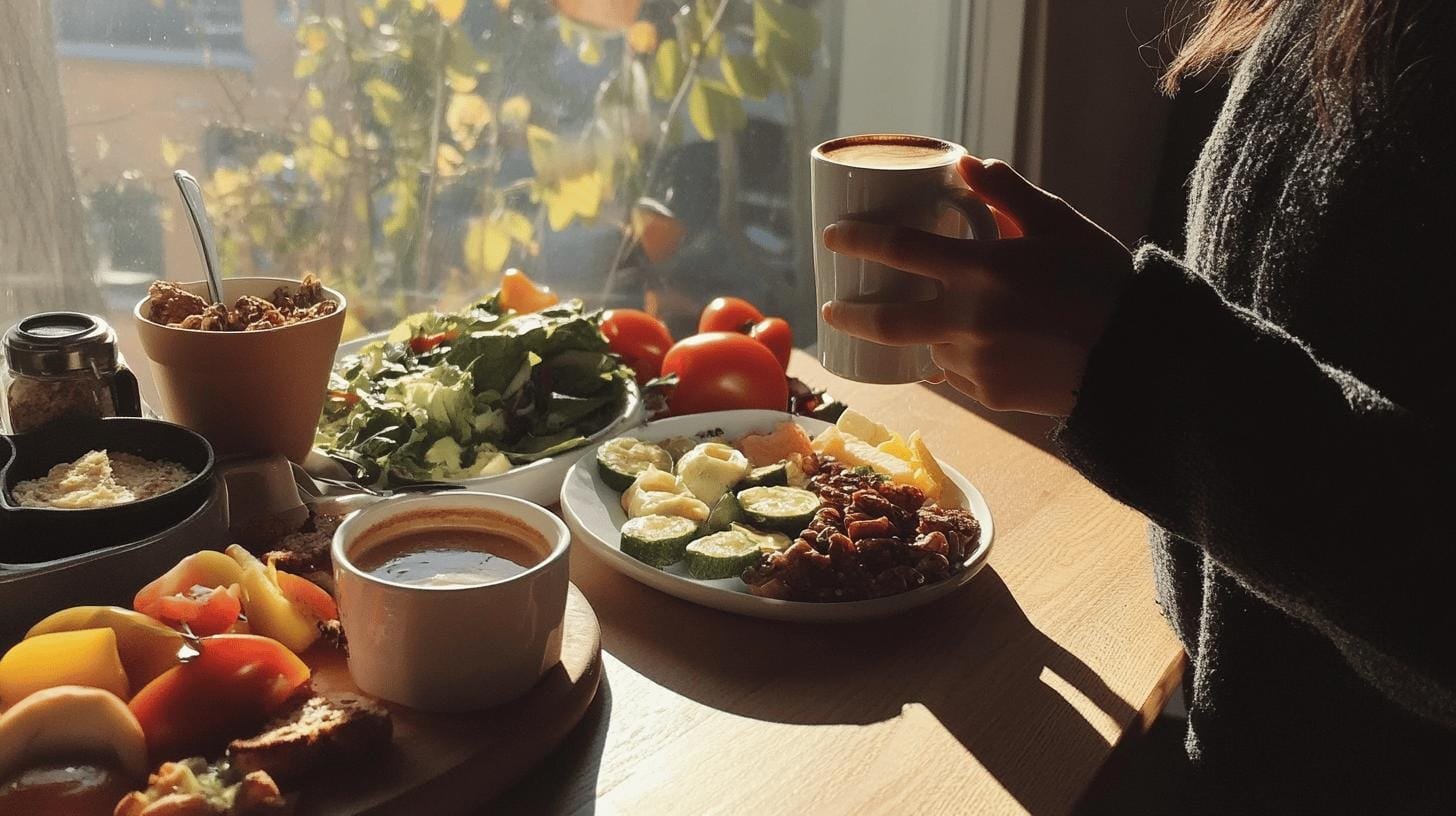 Girl holding a cup of coffee over a kitchen table of fruits, food and vegetables - Caffeine and High Metabolism.jpg