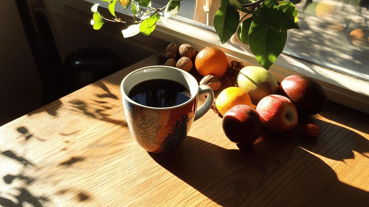 A cup of coffee, apples, oranges and tangerines on a table - Dark Roast Coffee and Cholesterol.jpg