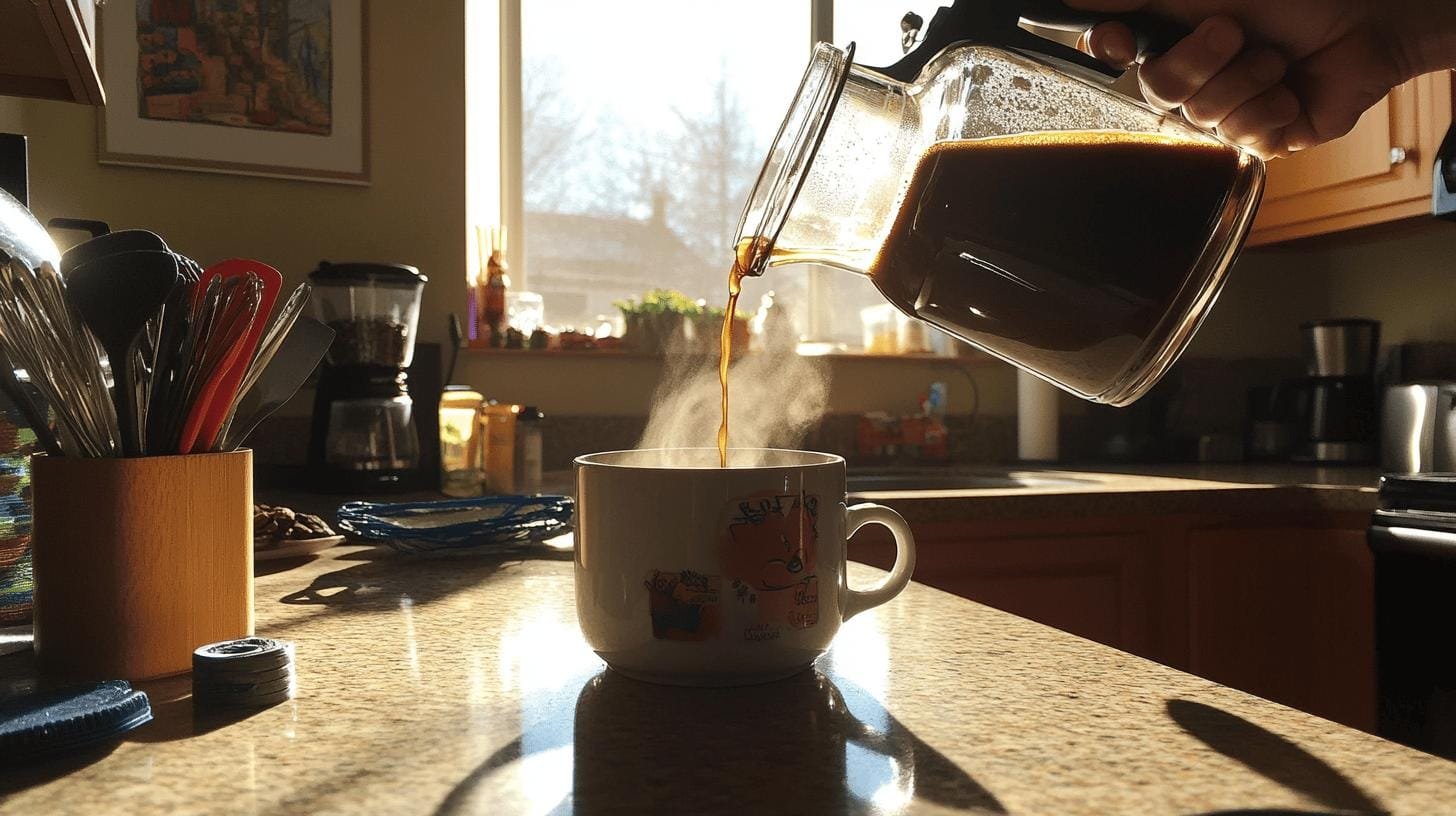 Pouring coffee into a cup on the kitchen counter - Drip Coffee and Cholesterol.jpg