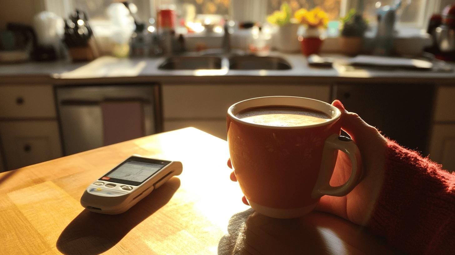 Hand holding a cup of coffee close to a glucometer on a table - Coffee Effect on Diabetes.jpg