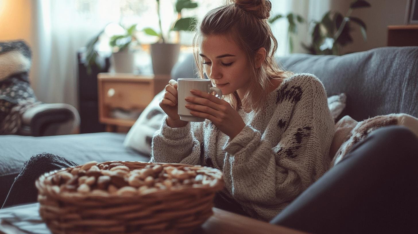 A woman sitting on a couch and holding a cup of coffee - Daily Caffeine Allowance Breastfeeding.jpg