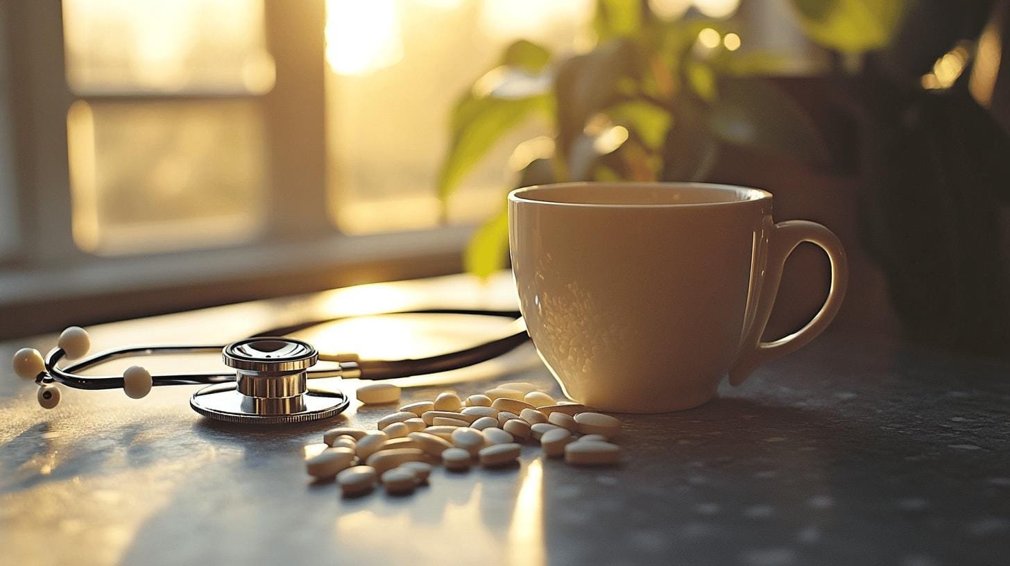 A cup of coffee, drug tablets and stethoscope on a table - Is Coffee Good for Heart Patients.jpg