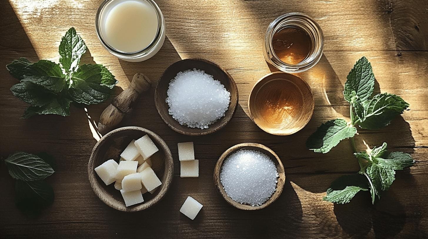 A bowl of granulated sugar, a bowl of sugar cubes, a cup of honey and a cup of milk on a table - Flavored Coffee and Diabetes.jpg