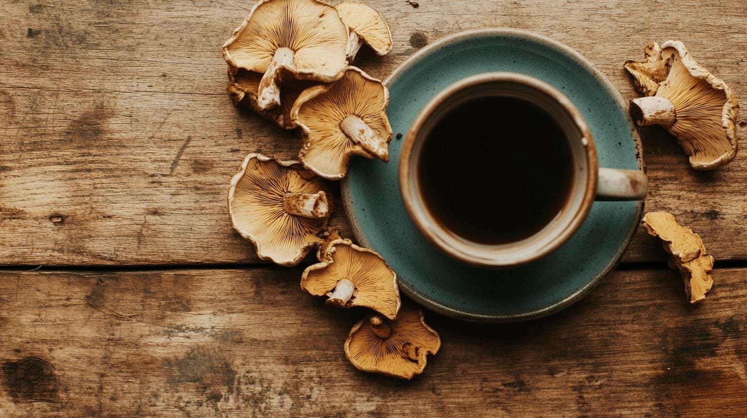 A cup of coffee in a saucer on a table filled with mushrooms - Mushroom Coffee for Inflammation.jpg