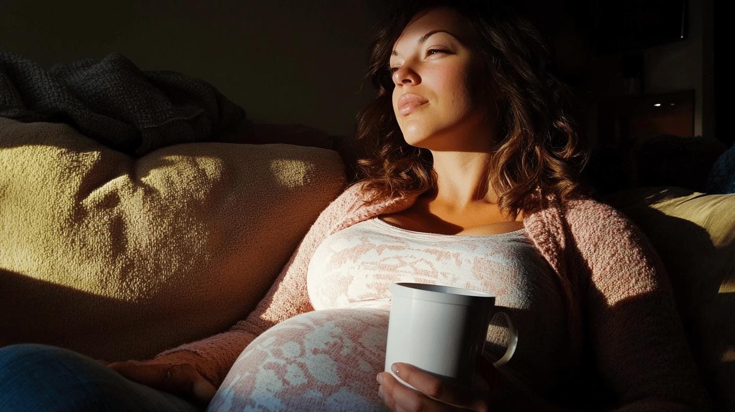 A pregnant woman sitting and holding a cup of coffee - Normal Caffeine Intake.jpg