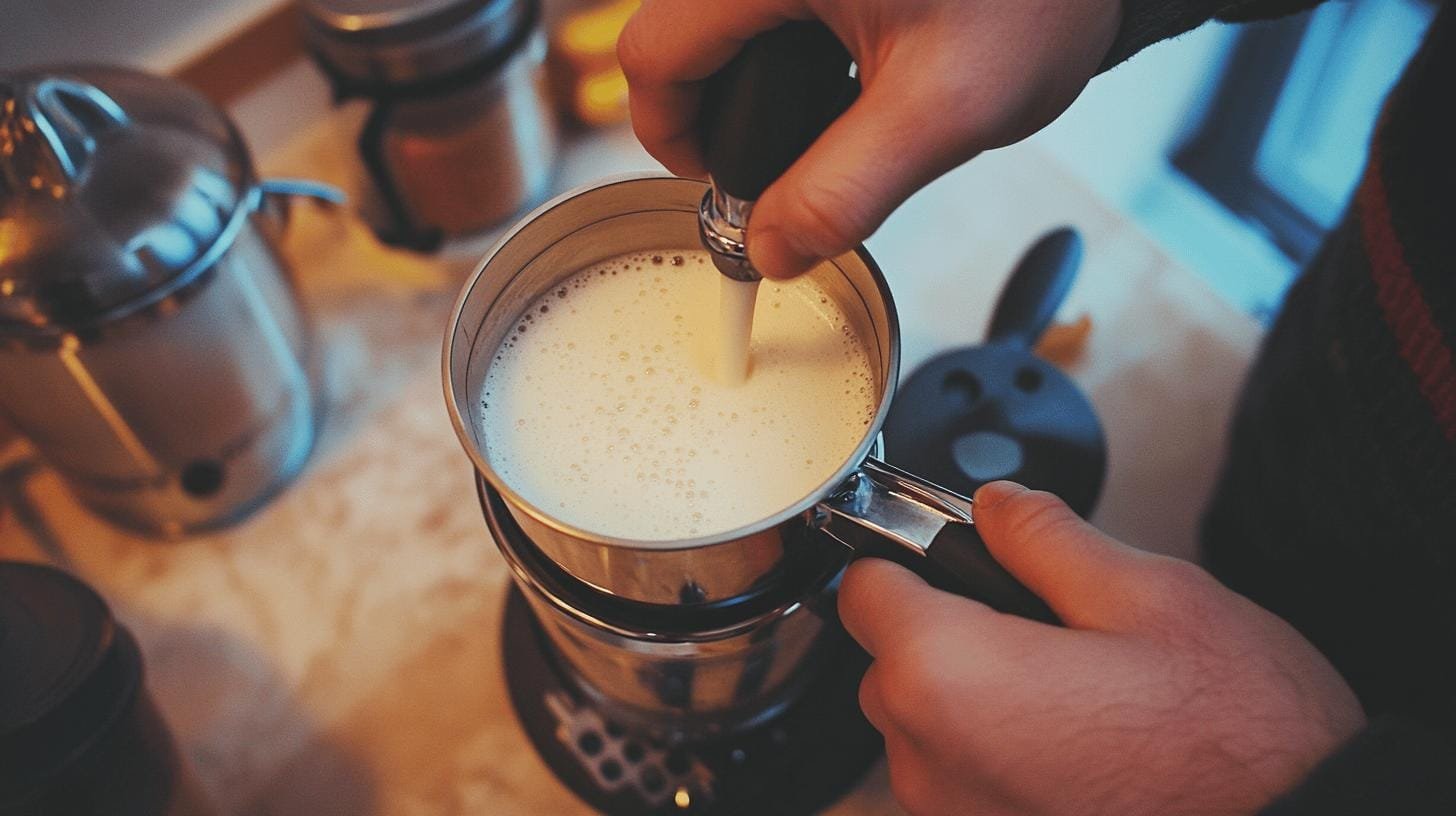 Milk being frothed with a handheld milk frother - Can You Make Latte Art Without Steamed Milk?.jpg