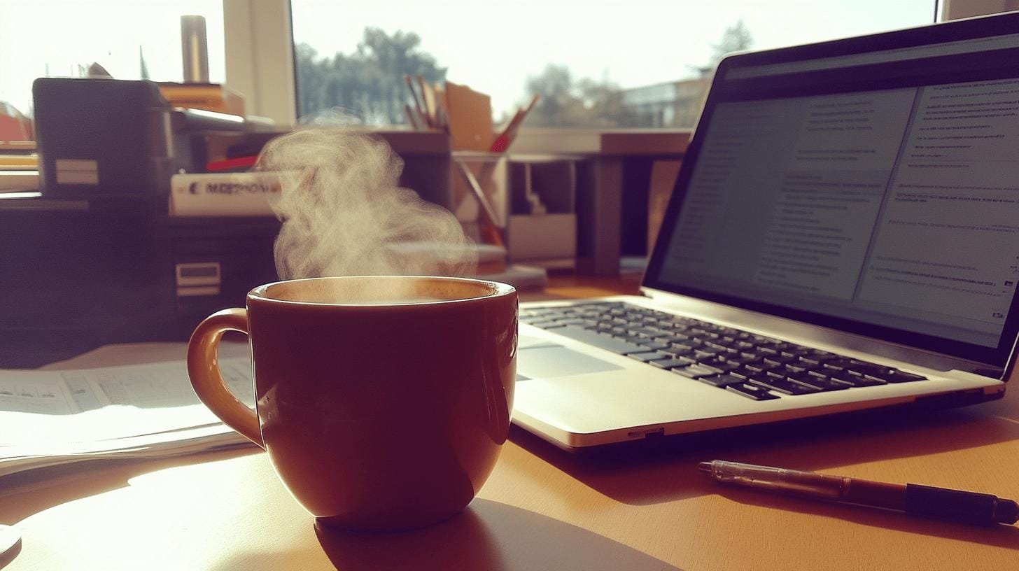 A steaming cup of coffee beside an open laptop on a table - Does Caffeine Make Stress Worse.jpg